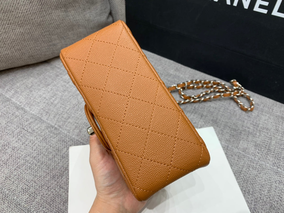 MINI SAC À RABAT CARRÉ 17CM CUIR CAVIAR MARRON MÉTALLERIE ARGENTÉE