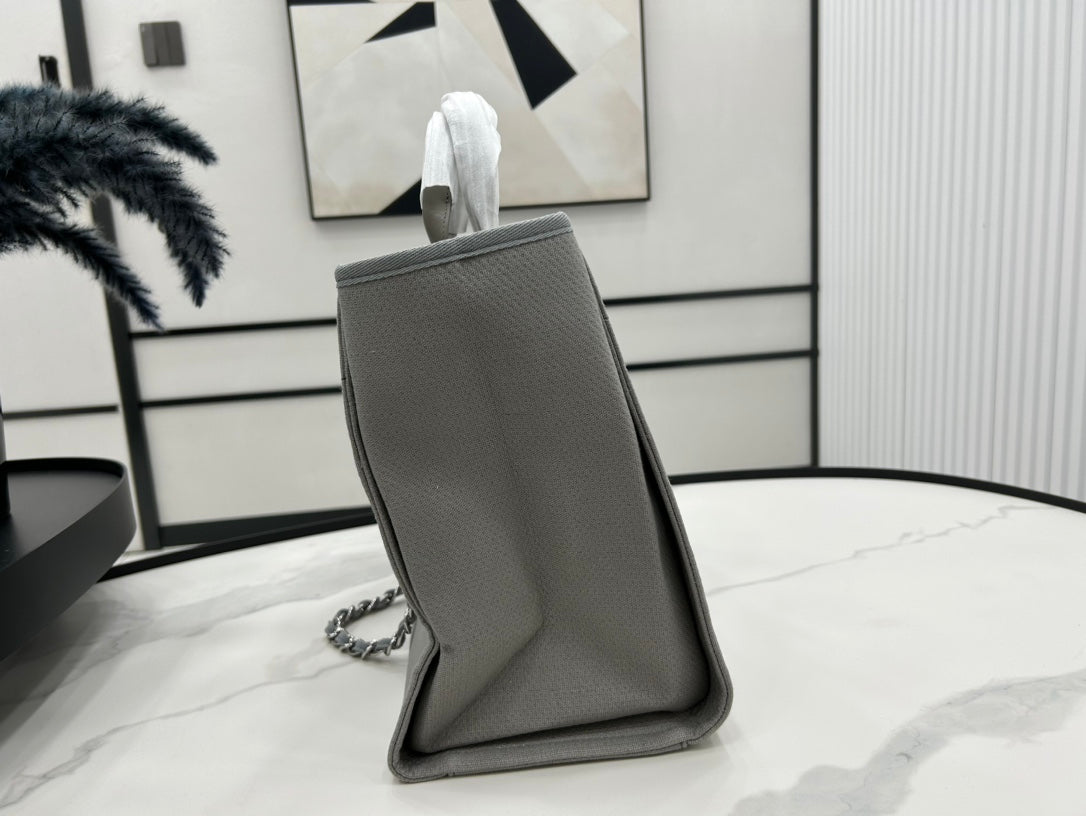 SAC CABAS CC DEAUVILLE GRAND MODÈLE 38 EN TOILE GRISE AVEC LOGO BLANC
