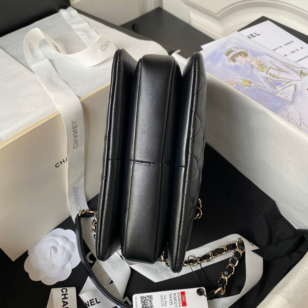 SAC À RABAT CC SMALL 20 EN CUIR DE VEAU NOIR AVEC CHAÎNE