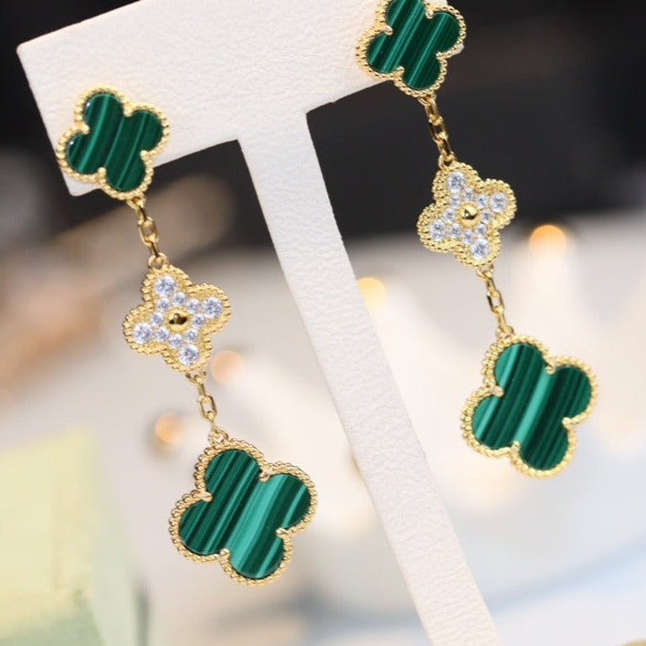 [Shinejoy]CLOVER EARRINGS GOLD MALACHITE DIAMOND 3 MOTIF