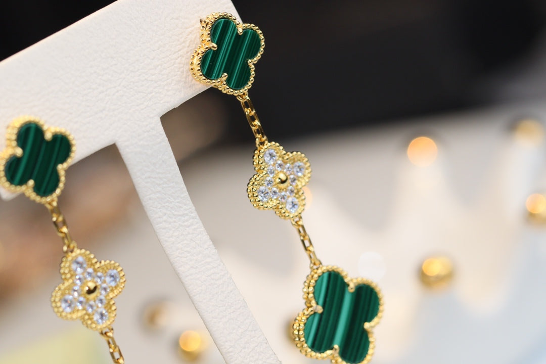[Shinejoy]CLOVER EARRINGS GOLD MALACHITE DIAMOND 3 MOTIF