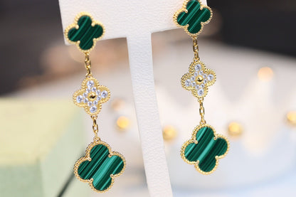 [Shinejoy]CLOVER EARRINGS GOLD MALACHITE DIAMOND 3 MOTIF