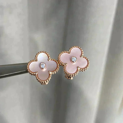 [Shinejoy]CLOVER MEDIUM 1 MOTIFS  PINK MOP DIAMOND EARRINGS