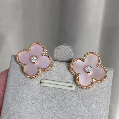 [Shinejoy]CLOVER MEDIUM 1 MOTIFS  PINK MOP DIAMOND EARRINGS