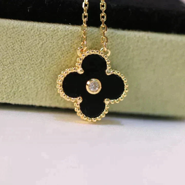 [Shinejoy]CLOVER 15MM DIAMOND ONYX NECKLACE