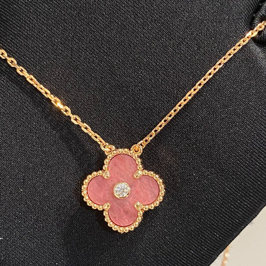 [Shinejoy]CLOVER 15MM DIAMOND RHODONITE NECKLACE