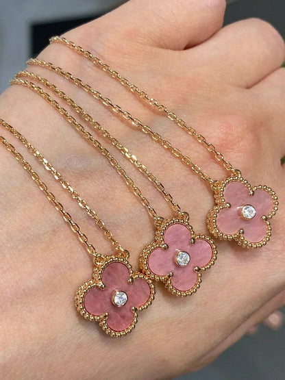 [Shinejoy]CLOVER 15MM DIAMOND RHODONITE NECKLACE
