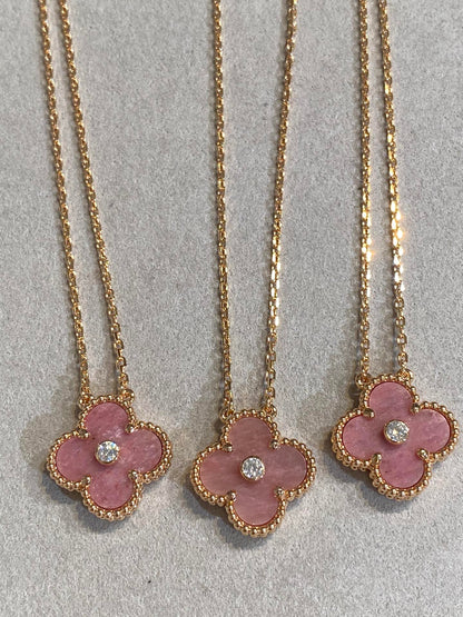 [Shinejoy]CLOVER 15MM DIAMOND RHODONITE NECKLACE