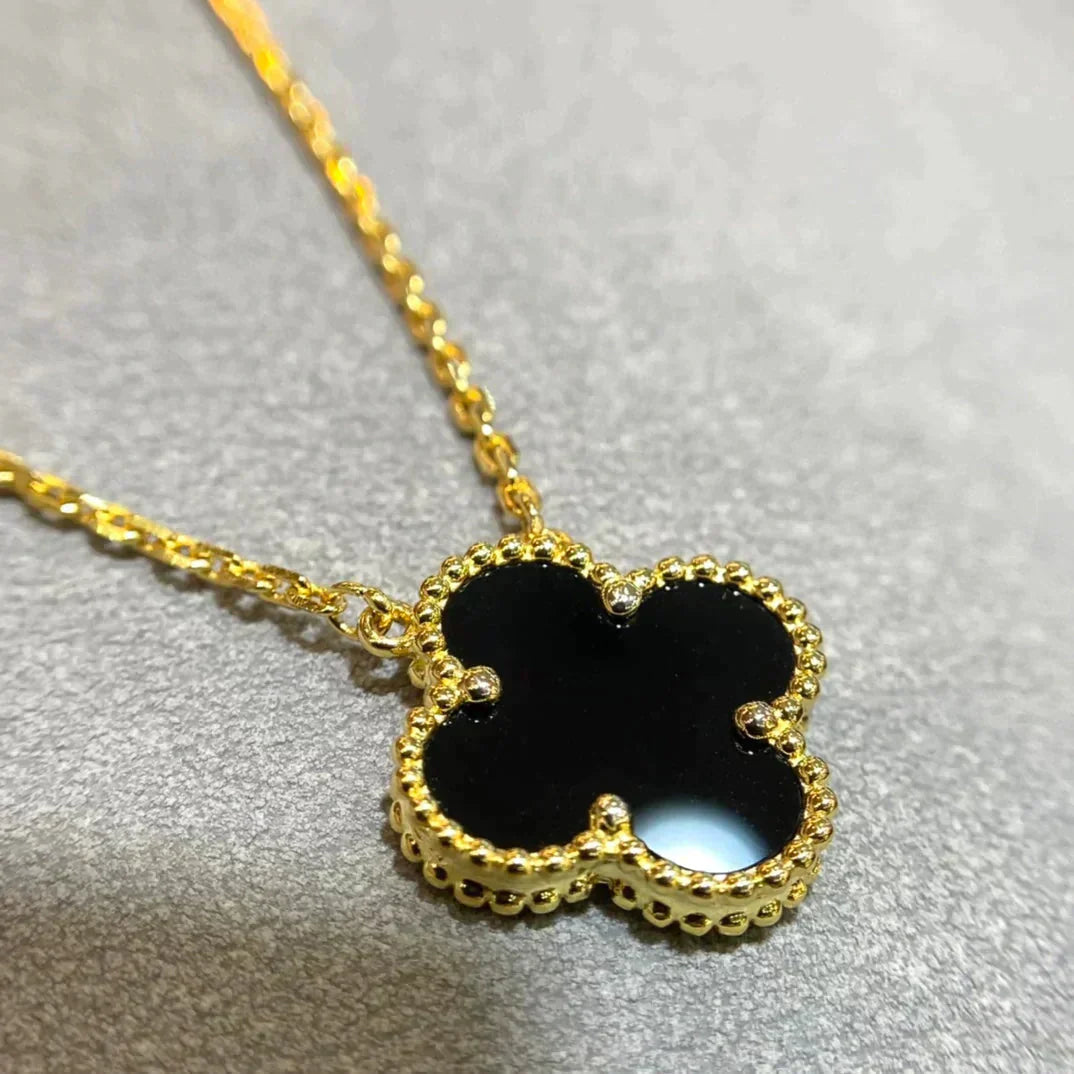 [Shinejoy]CLOVER 15MM BLACK ONYX SINGLE FLOWER NECKLACE