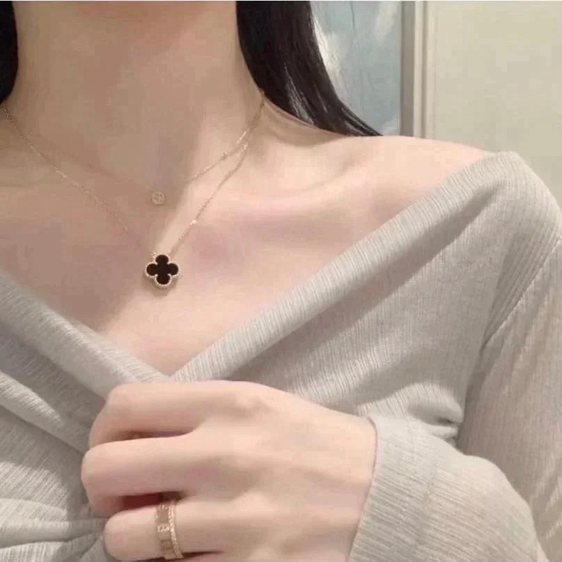 [Shinejoy]CLOVER 15MM BLACK ONYX SINGLE FLOWER NECKLACE