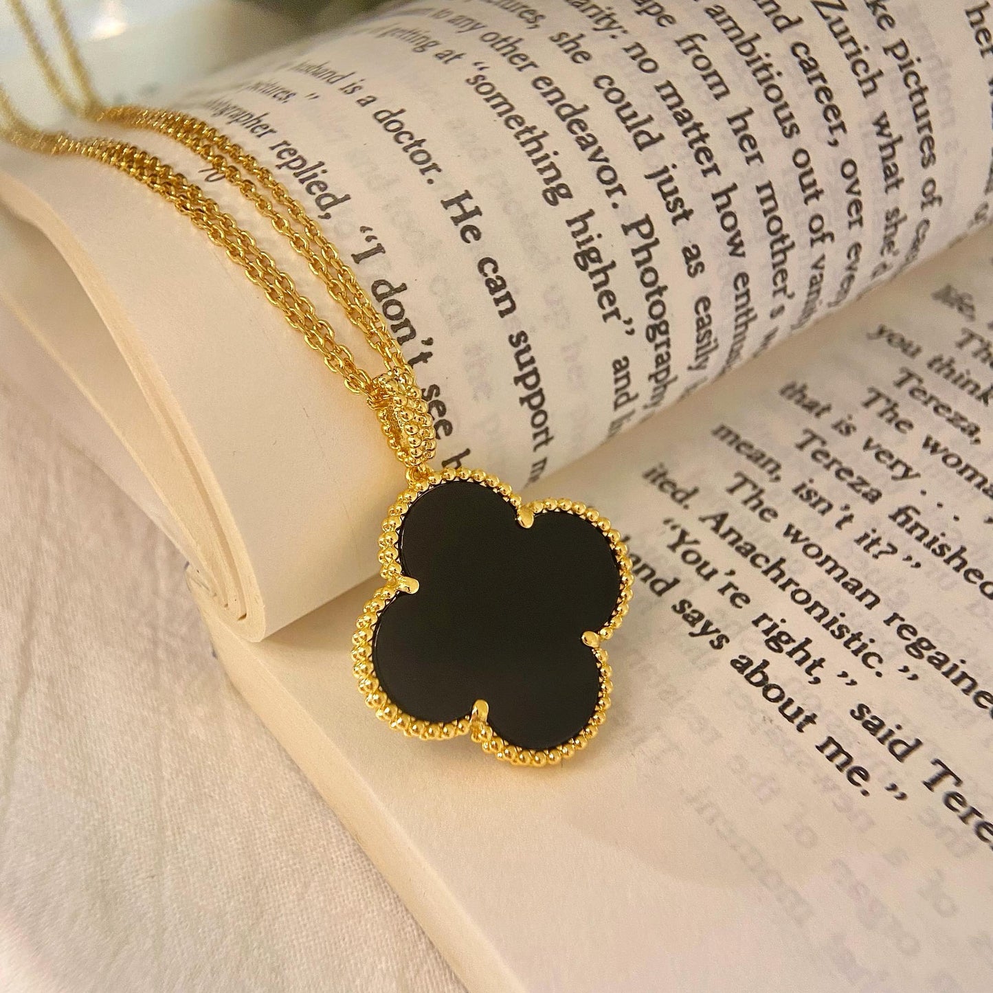 [Shinejoy]CLOVER 25MM NECKLACE GOLD ONYX