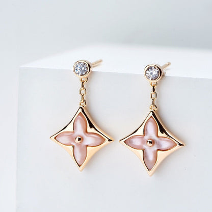 [Shinejoy]DOUBLE STAR PINK GOLD MOP DROP EARRINGS