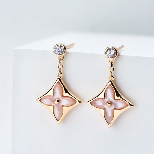 [Shinejoy]DOUBLE STAR PINK GOLD MOP DROP EARRINGS