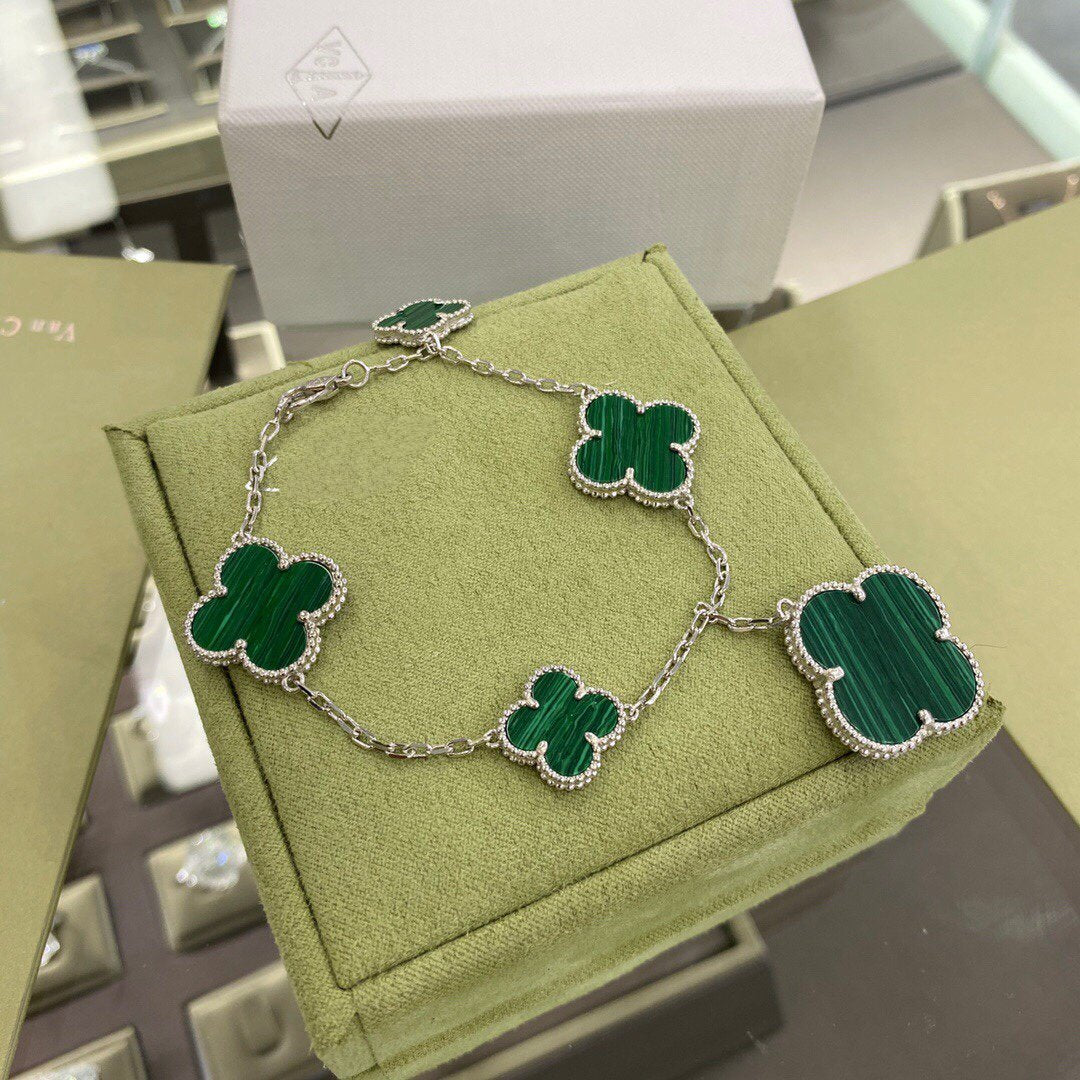 [Shinejoy]CLOVER 5 MOTIFS SIVLER MALACHITE BRACELET