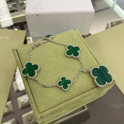 [Shinejoy]CLOVER 5 MOTIFS SIVLER MALACHITE BRACELET