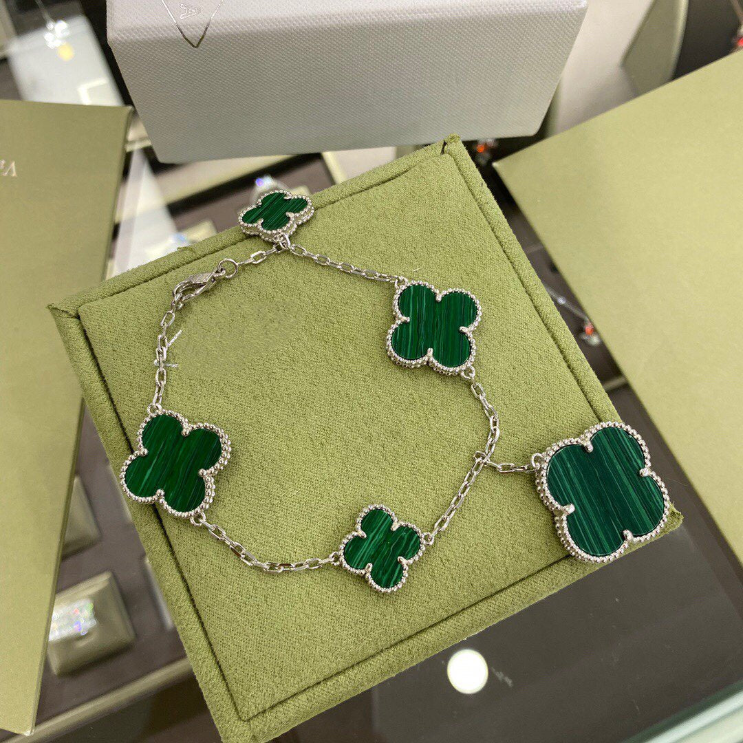 [Shinejoy]CLOVER 5 MOTIFS SIVLER MALACHITE BRACELET