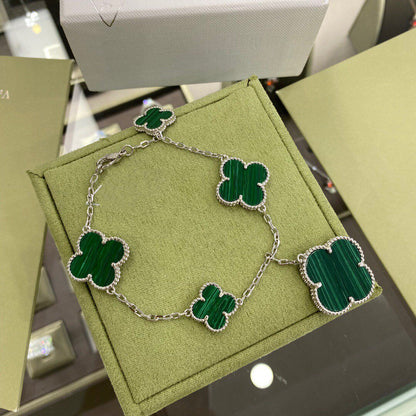 [Shinejoy]CLOVER 5 MOTIFS SIVLER MALACHITE BRACELET