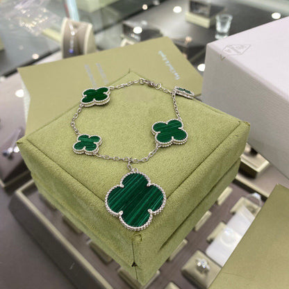 [Shinejoy]CLOVER 5 MOTIFS SIVLER MALACHITE BRACELET