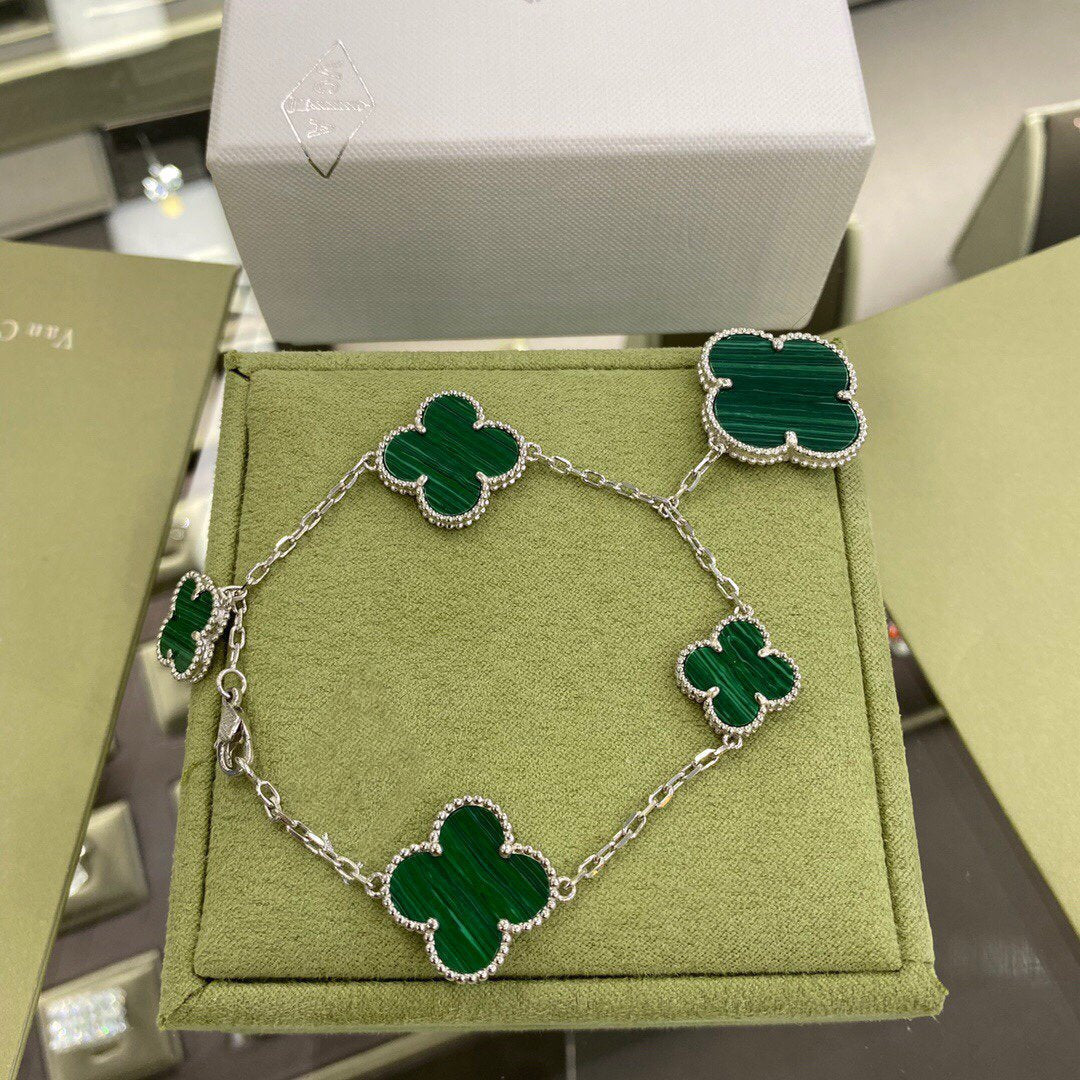[Shinejoy]CLOVER 5 MOTIFS SIVLER MALACHITE BRACELET