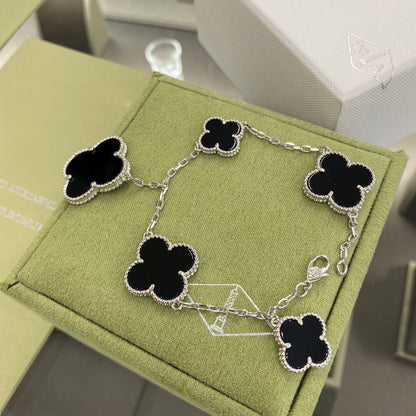 [Shinejoy]CLOVER 5 MOTIFS SIVLER ONYX BRACELET