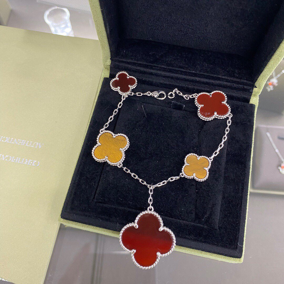[Shinejoy]CLOVER 5 MOTIFS SIVLER CARNELIAN TIGER EYE BRACELET