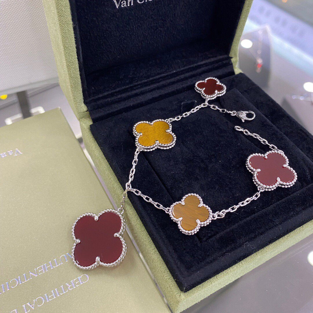 [Shinejoy]CLOVER 5 MOTIFS SIVLER CARNELIAN TIGER EYE BRACELET