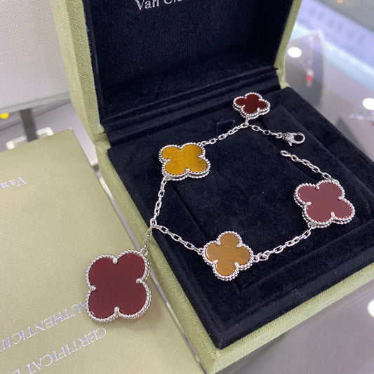 [Shinejoy]CLOVER 5 MOTIFS SIVLER CARNELIAN TIGER EYE BRACELET