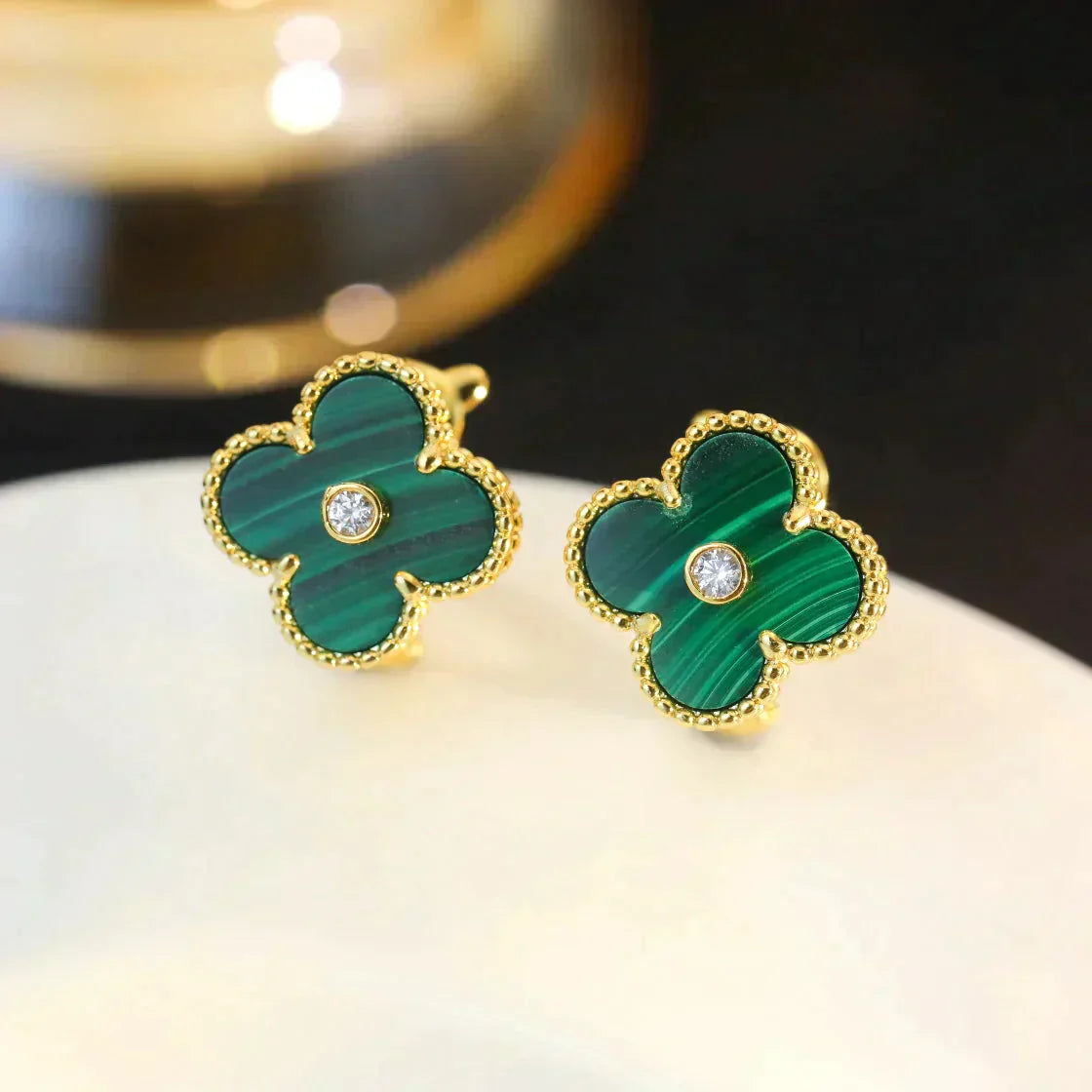 [Shinejoy]CLOVER MEDIUM 1 MOTIFS MALACHITE DIAMOND EARRINGS