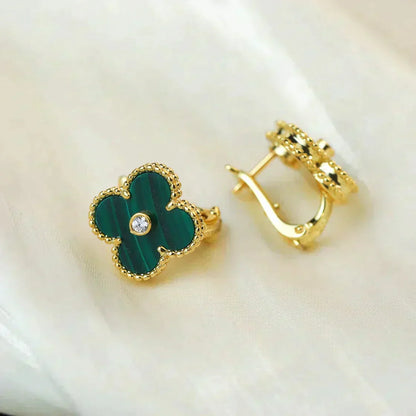 [Shinejoy]CLOVER MEDIUM 1 MOTIFS MALACHITE DIAMOND EARRINGS
