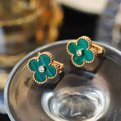 [Shinejoy]CLOVER MEDIUM 1 MOTIFS MALACHITE DIAMOND EARRINGS