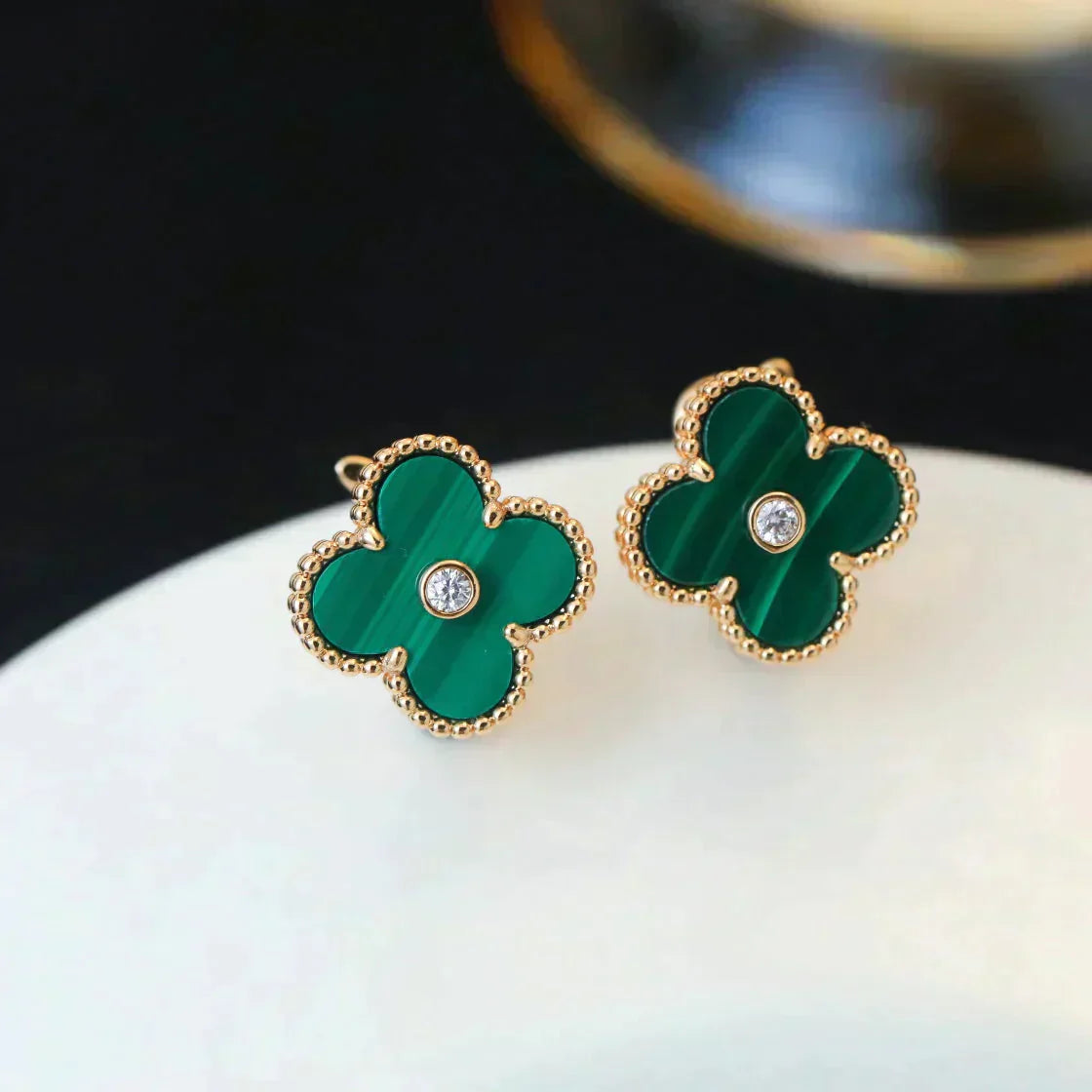 [Shinejoy]CLOVER MEDIUM 1 MOTIFS MALACHITE DIAMOND EARRINGS