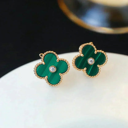 [Shinejoy]CLOVER MEDIUM 1 MOTIFS MALACHITE DIAMOND EARRINGS