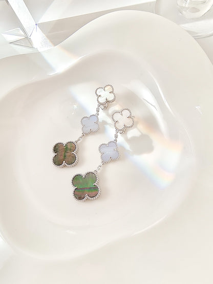 [Shinejoy]CLOVER 3 MOTIFS CHALCEDONY DARK MOP SILVER EARRINGS