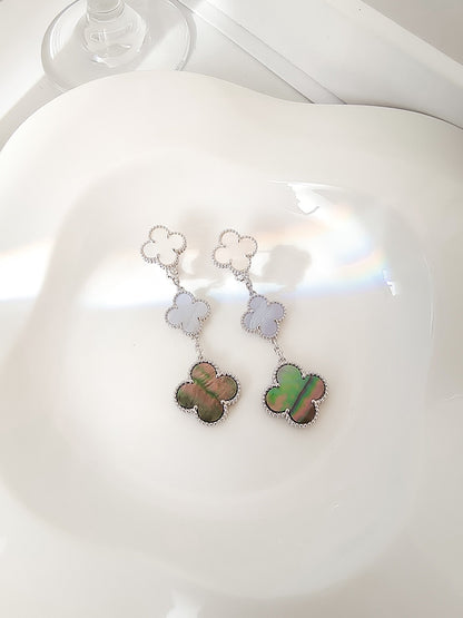 [Shinejoy]CLOVER 3 MOTIFS CHALCEDONY DARK MOP SILVER EARRINGS