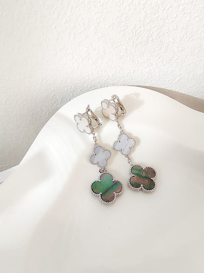 [Shinejoy]CLOVER 3 MOTIFS CHALCEDONY DARK MOP SILVER EARRINGS