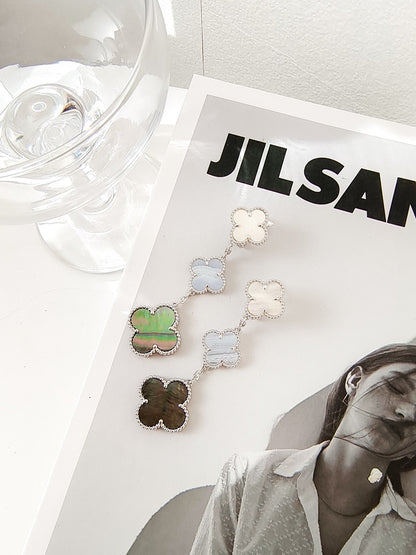 [Shinejoy]CLOVER 3 MOTIFS CHALCEDONY DARK MOP SILVER EARRINGS