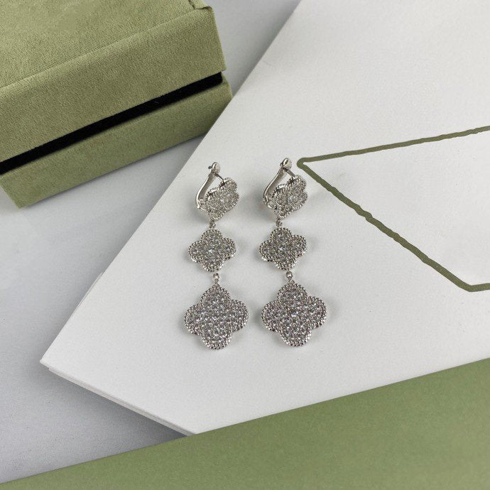 [Shinejoy]CLOVER 3 MOTIF DIAMOND SILVER DROP EARRINGS