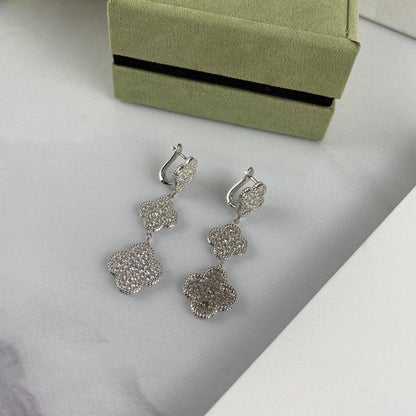 [Shinejoy]CLOVER 3 MOTIF DIAMOND SILVER DROP EARRINGS