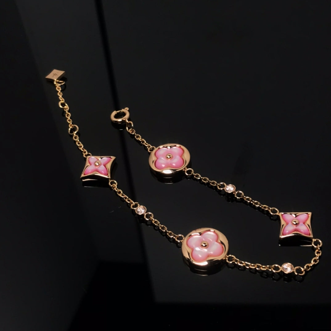 [Shinejoy]STAR AND SUN 4 MOTIF PINK MOP PINK GOLD BRACELET