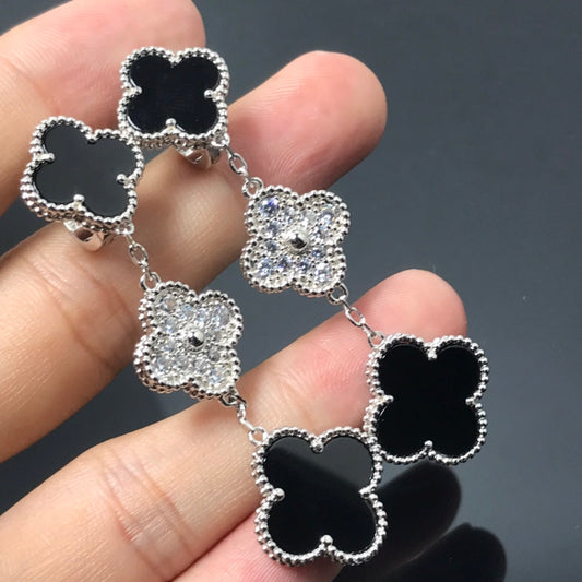 [Shinejoy]CLOVER 3 MOTIF DIAMOND ONYX SILVER EARRINGS