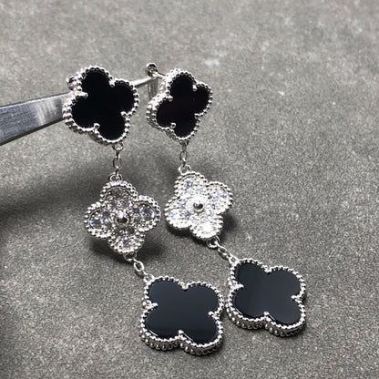 [Shinejoy]CLOVER 3 MOTIF DIAMOND ONYX SILVER EARRINGS