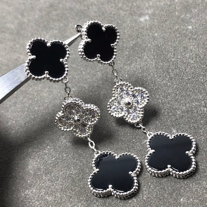 [Shinejoy]CLOVER 3 MOTIF DIAMOND ONYX SILVER EARRINGS