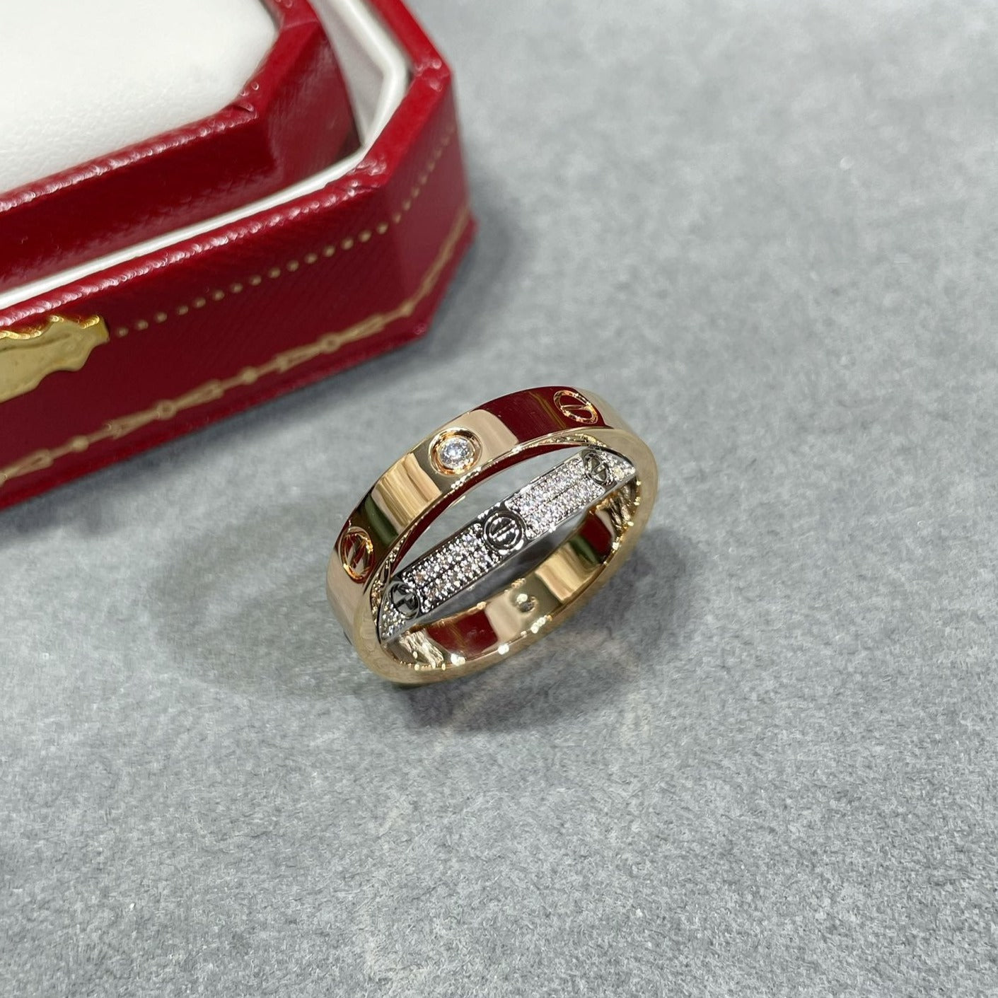 [Shinejoy]LOVE PINK GOLD SILVER DIAMOND DOUBLE RING