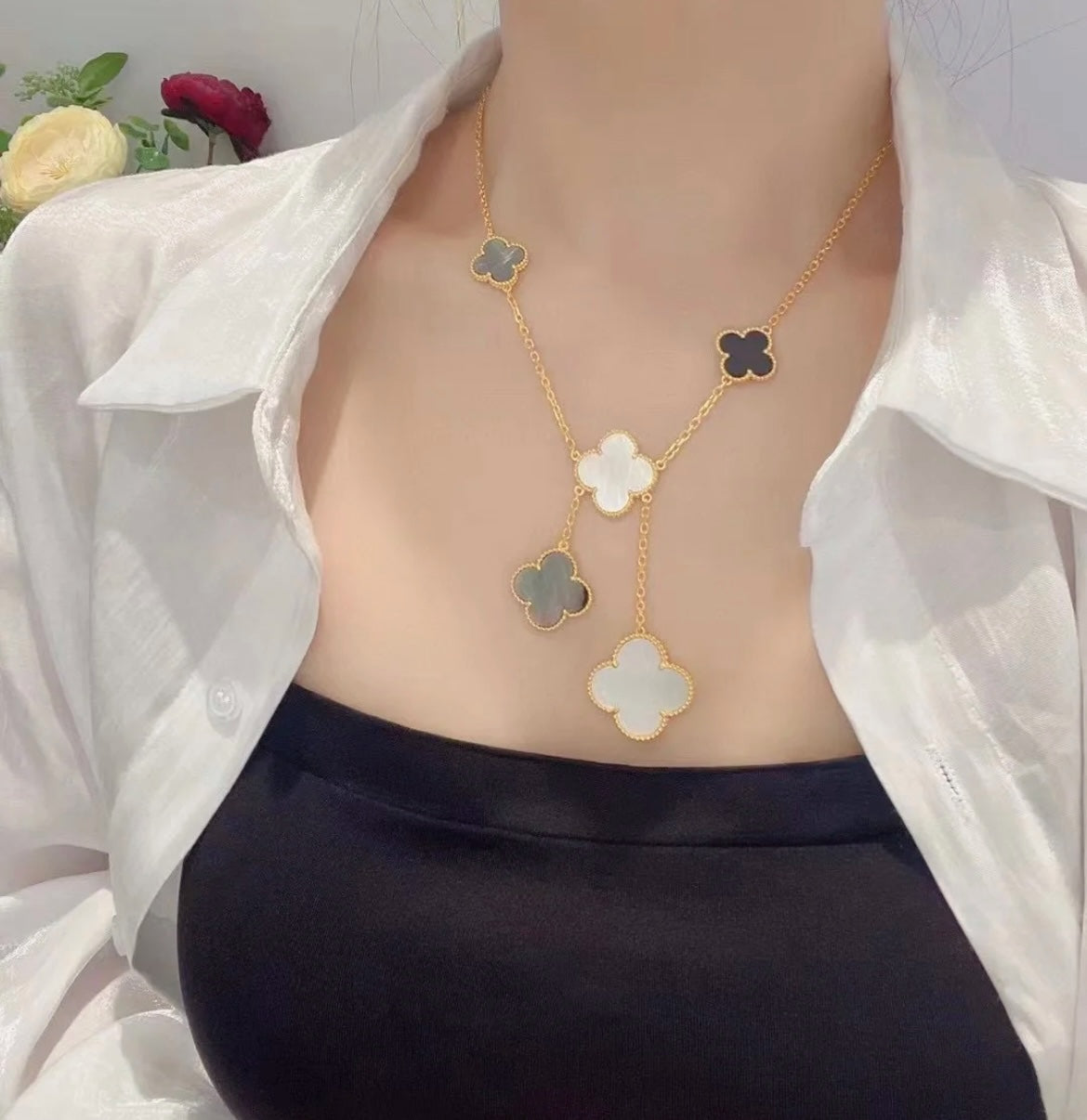 [Shinejoy]CLOVER 6 MOTIF MOP ONYX GOLD NECKLACE