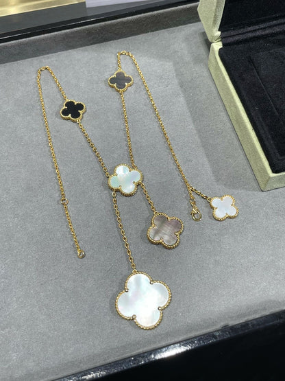[Shinejoy]CLOVER 6 MOTIF MOP ONYX GOLD NECKLACE