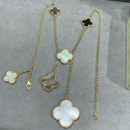 [Shinejoy]CLOVER 6 MOTIF MOP ONYX GOLD NECKLACE
