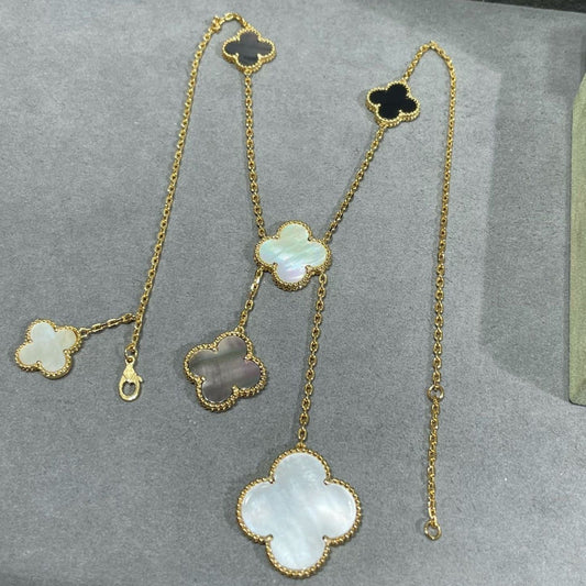 [Shinejoy]CLOVER 6 MOTIF MOP ONYX GOLD NECKLACE