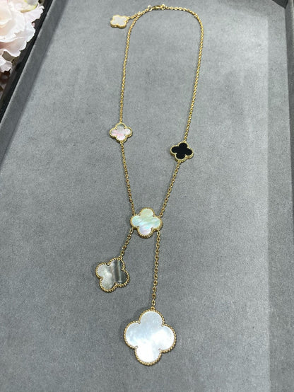 [Shinejoy]CLOVER 6 MOTIF MOP ONYX GOLD NECKLACE