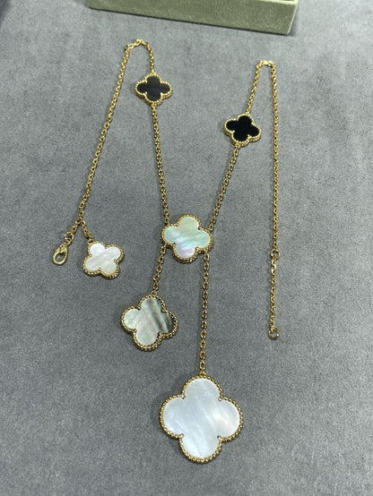 [Shinejoy]CLOVER 6 MOTIF MOP ONYX GOLD NECKLACE
