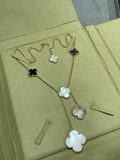 [Shinejoy]CLOVER 6 MOTIF MOP ONYX GOLD NECKLACE